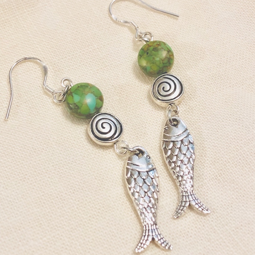 Silver Fish & Jasper Bead Earrings w Sterling Wire